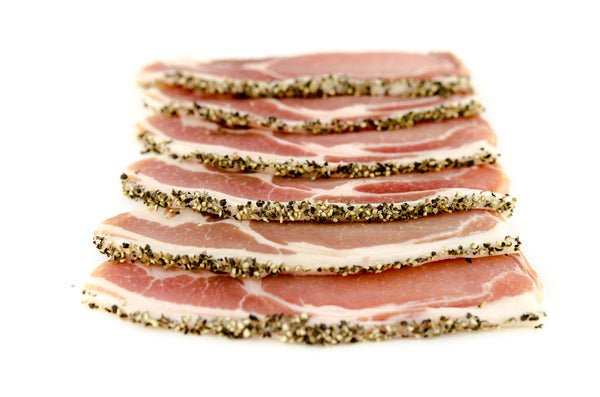 Black Pepper Dry Cured Plain Bacon. 6 Slices per Pack 250g approx