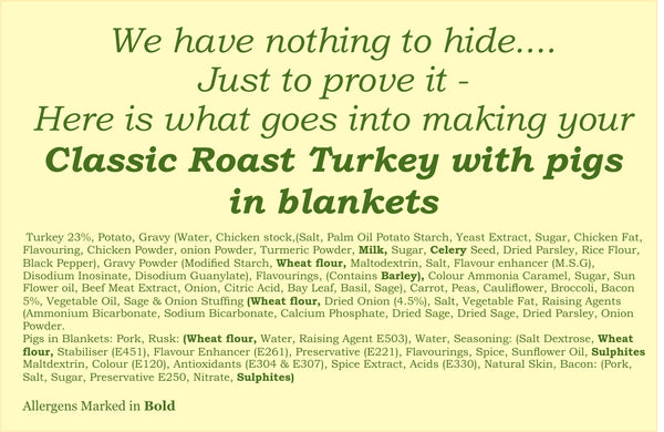 Classic Roast turkey, pigs in blankets, vegetables, potatoes & gravy