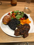 Bar B Q lamb, salad, jacket potato and our delicious Black pudding. Another great way to enjoy our Black pudding.